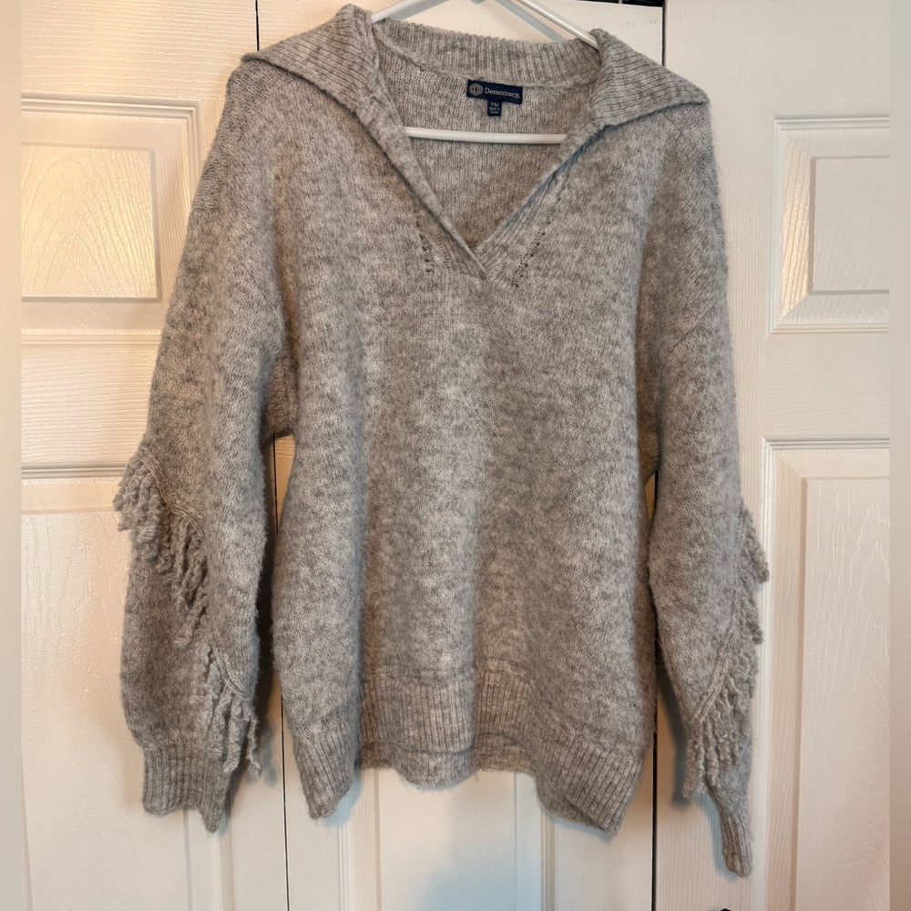 Long Blouson Sleeve Johnny Collar Cascading Fringe Sweater